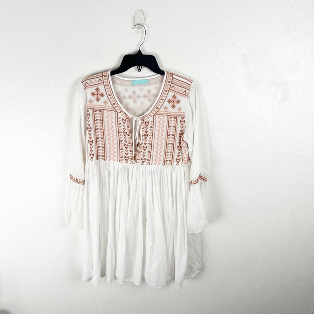 MELISSA ODABASH Natalia White Embroidered Bell Sleeves Lined Dress Medium Boho